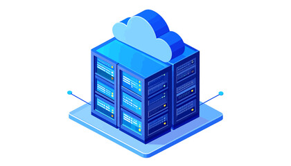 Modern isometric illustration depicting a cloud computing data center with server racks, symbolizing digital information storage, network infrastructure, and global technology solutions for secure dat