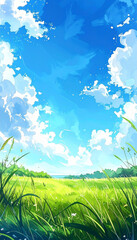 草原と青空が広がる爽やかな自然の風景　水彩画風イラスト