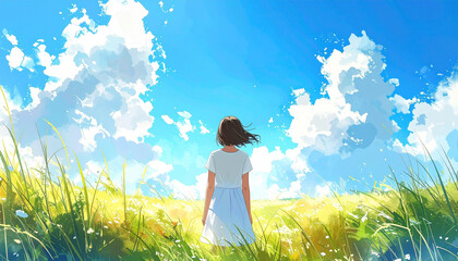 草原に立つ後ろ姿の女性と青空　水彩画風イラスト