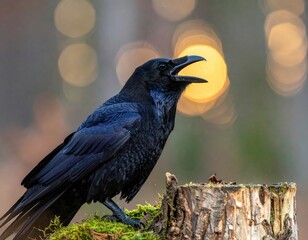 Raven Perched on Mossy Stump at Sunset With Open Beak Wildlife Nature Portrait