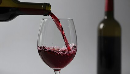 Pouring red wine into a crystal glass with another bottle on background