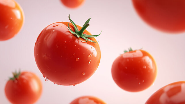 空中に浮かぶ新鮮なトマトの立体3D背景素材