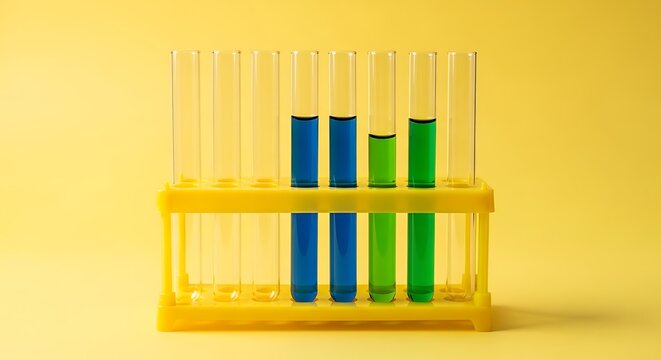 Laboratory test tubes with colored liquids in a yellow rack on a bright yellow background