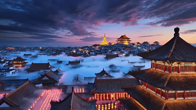 Dusk Over Snow-Kissed Traditional Chinese Pagodas and Rooftops Illuminated by Warm Lights