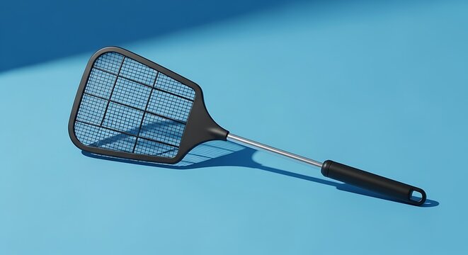 A black fly swatter lies on a blue surface with a shadow cast beside it