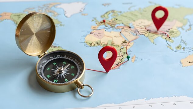 Planning a journey with a compass and location markers on a world map
