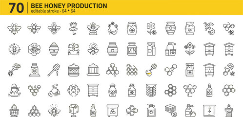 Bee Honey Production Line Icon Set with Beekeeping, Apiary Equipment, Honeycomb, Jar, Hive and Pollination Symbols for Organic Farm Design © Selim Studio