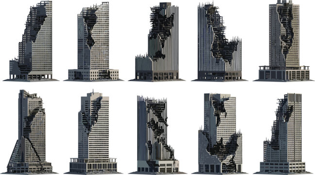 Series of Skyscrapers Collapsing in Various Stages of Destruction from a Distant Viewpoint