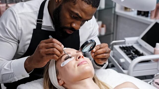 Beautician applying eyelash extensions to a client in a beauty salon.