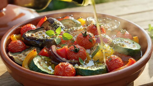 Close up of freshly prepared roasted vegetables in a rustic ceramic dish