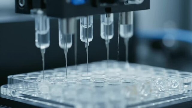 Advanced laboratory robotics precisely performing critical organoid drug screening experiments with automated liquid dispensing into multi-well plates for biomedical research.