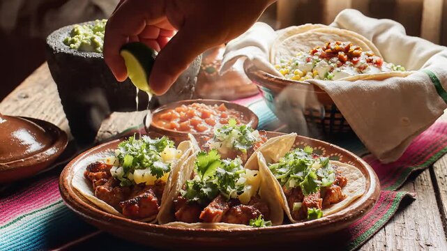 Delicious tacos and fresh ingredients displayed on a rustic tabletop