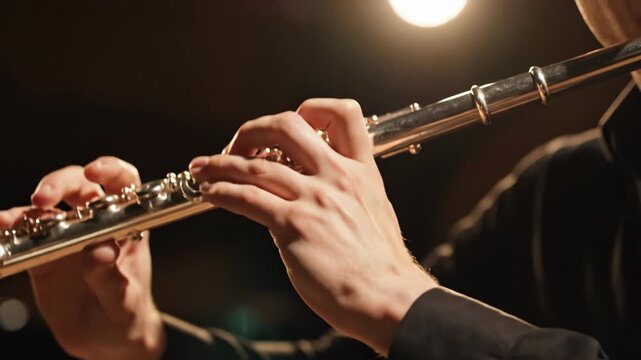 Close-up of a musician playing the flute in a dimly lit setting.