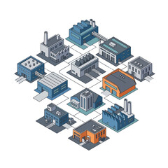 Fototapeta premium Isometric illustration of a network of connected industrial buildings and factories.