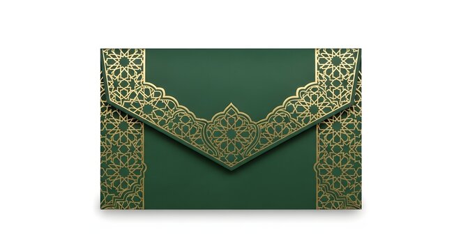 Green envelope with ornate gold foil islamic geometric floral motif elegant festive ceremonial design