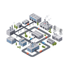 Fototapeta premium Isometric illustration of a modern industrial complex with factories and infrastructure.