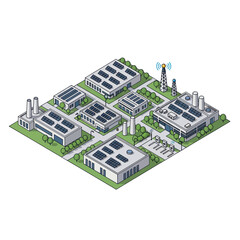 Obraz premium Isometric illustration of a modern industrial complex with solar panels on rooftops.