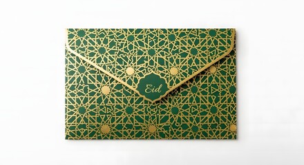 Fototapeta premium Green envelope with ornate gold foil islamic geometric floral motif elegant festive ceremonial design