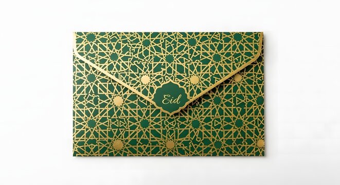 Green envelope with ornate gold foil islamic geometric floral motif elegant festive ceremonial design