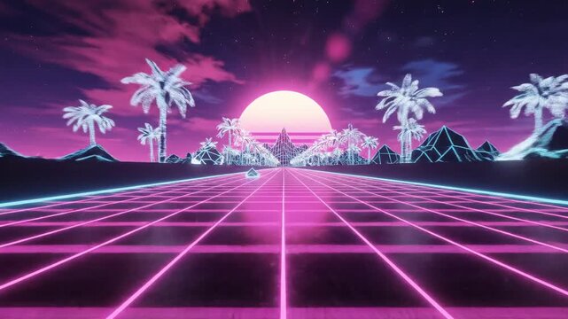 Retro Sunset Road with Palm Trees and Neon Grid.