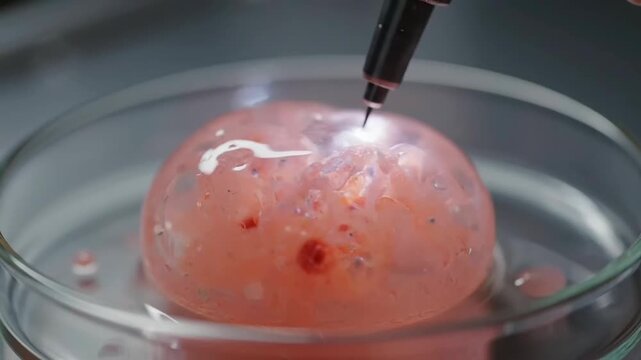 Close-up of a sophisticated experimental procedure involving Organoid Drug Screening, meticulously performed on a translucent biological model using precision micro-tools.