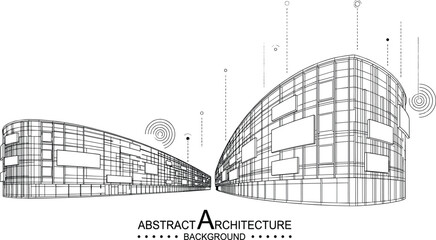 Obraz premium Professional black vector architecture illustration of dual-sided parametric commercial street with curving facades and integrated advertising signage
