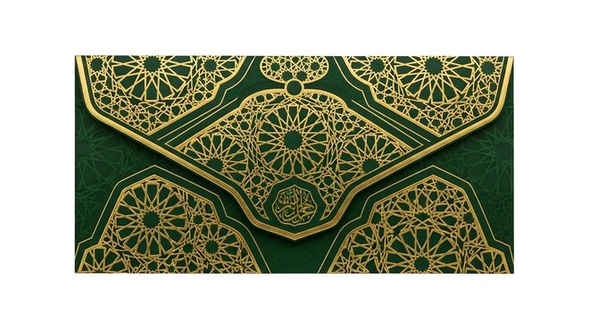 Green envelope with ornate gold foil islamic geometric floral motif elegant festive ceremonial design