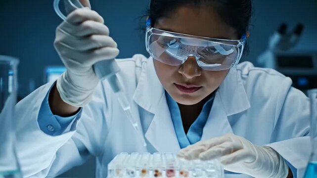 A focused female scientist meticulously performs organoid drug screening using a pipette, ensuring precision in a modern biotechnology laboratory environment.