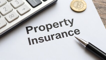 Obraz premium Property insurance document rests on a wooden desk with calculator and pen nearby