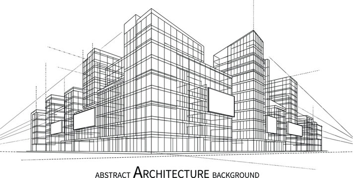 Abstract black and white vector architecture background featuring conceptual urban office buildings in a 3D technical sketch