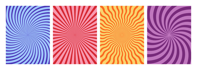 Plakat Swirl Groovy Line Patterns. Abstract Psychedelic Sun Beam Backgrounds. Vector Retro Burst Texture. Funky Radial Disco Trippy Pattern.