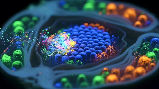 Visualizing the intricate process of organoid drug screening as vibrant fluorescent particles dynamically interact with advanced cellular models.