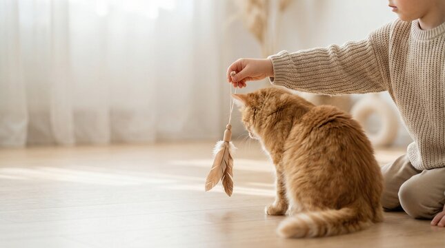 Crian&ccedil;a brincando com gato