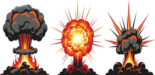 Cartoon Explosion and Blast Effect Set with Fire Smoke and Nuclear Boom Elements for Game Design Action Comics and Vector Illustration © Selim Studio