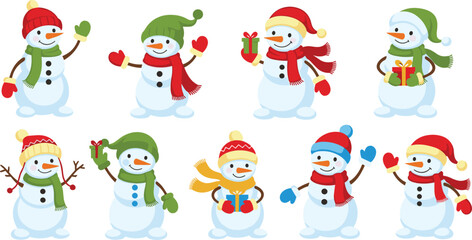 Cute Snowman Characters Set with Winter Hats Scarves Gloves and Gifts Cartoon Christmas Holiday Vector Illustration Collection