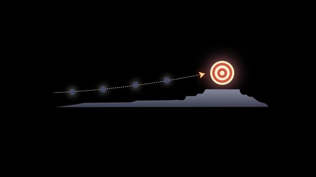 Business Target and Goal Achievement Concept With Growing steps graph Arrow Hitting Bullseye On Dark Background. business strategy, success planning, growth journey, and milestone progress