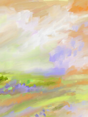 Fototapeta premium Impressionistic Landscape of Colorful Sunset or Sunrise Meadow Valley Field in Bloom w/Wispy Clouds in sky -Digital Painting, Art, Illustration, Design, in Neon Lime Green, Orange, Purple & Lavender