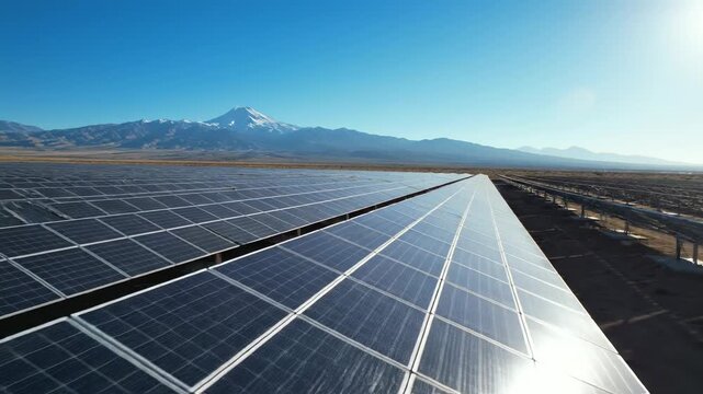 Solar Panel Array in Desert Landscape Under Clear Blue Sky.