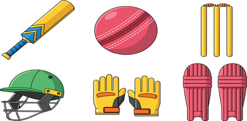 Cricket Equipment Collection with Bat Ball Helmet Gloves Pads and Stumps for Sports Training Tournament Match and Professional Game Illustration Design © Selim Studio