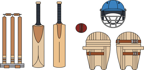 Cricket Equipment Set with Bat Ball Helmet Pads and Stumps for Sports Training Match Tournament and Professional Game Illustration Design © Selim Studio