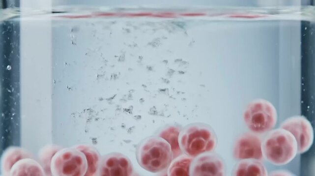 close-up of delicate cellular spheroids being agitated in liquid, illustrating cutting-edge organoid drug screening research in a controlled laboratory environment with clear focus and soft lighting.