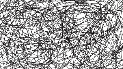 画面いっぱいをぐちゃぐちゃに塗り潰した背景。黒い糸が複雑に絡まったイラスト。不安や混乱、鬱のデザイン。編集可能なベクター素材