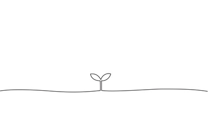地面から芽を出した双葉の一筆書きの線画。一本の黒い糸が植物の成長を表現したデザイン。編集可能なベクター素材。中心に植物のシンボルがあるイラスト
