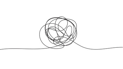一本の黒い糸がぐちゃぐちゃに絡まった一筆書きのデザイン。不安や混乱、鬱や心配の表現。編集可能なベクター素材
