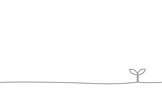 地面から芽を出した双葉の一筆書きの線画。一本の黒い糸が植物の成長を表現したデザイン。編集可能なベクター素材。右端に植物のシンボルをさりげなく添えたイラスト