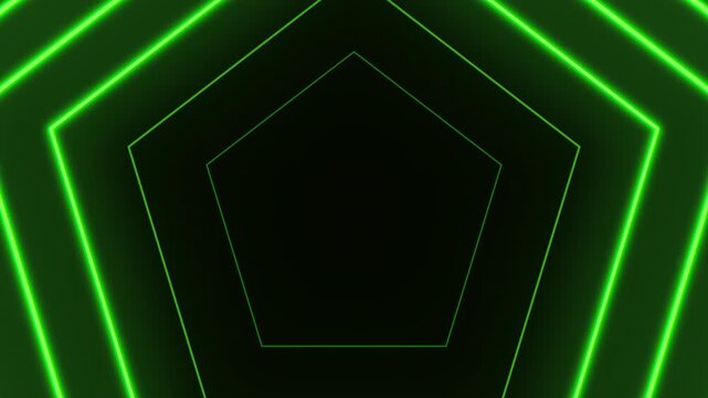Glowing green neon pentagon tunnel background with futuristic geometric lines