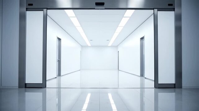 Modern automatic sliding doors open to a bright hallway.