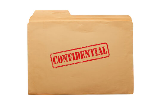 Manila folder with a red confidential rubber stamp, implying secret, classified, and private document information