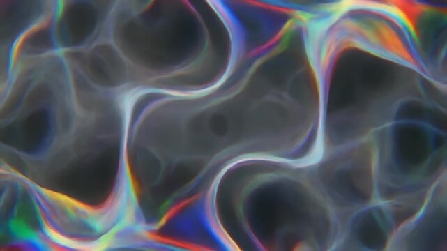 虹色の煙が揺らめく抽象空間で幾何学模様が滑らかに変化する幻想背景