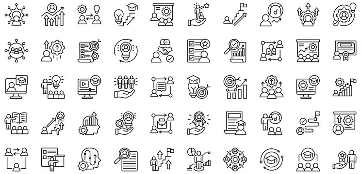 Talent Development icons collection. Vector illustration. Skills, Growth, Training, Learning, Progress, Career, Coaching, Mentoring, Development. Pro Vector